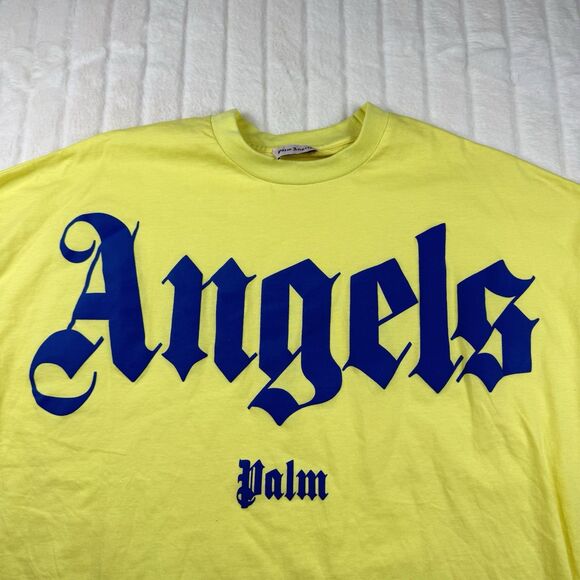 Palm Angels Logo Graphic T-Shirt Mens L Yellow Crewneck Luxury Street Made Italy - Picture 8 of 11